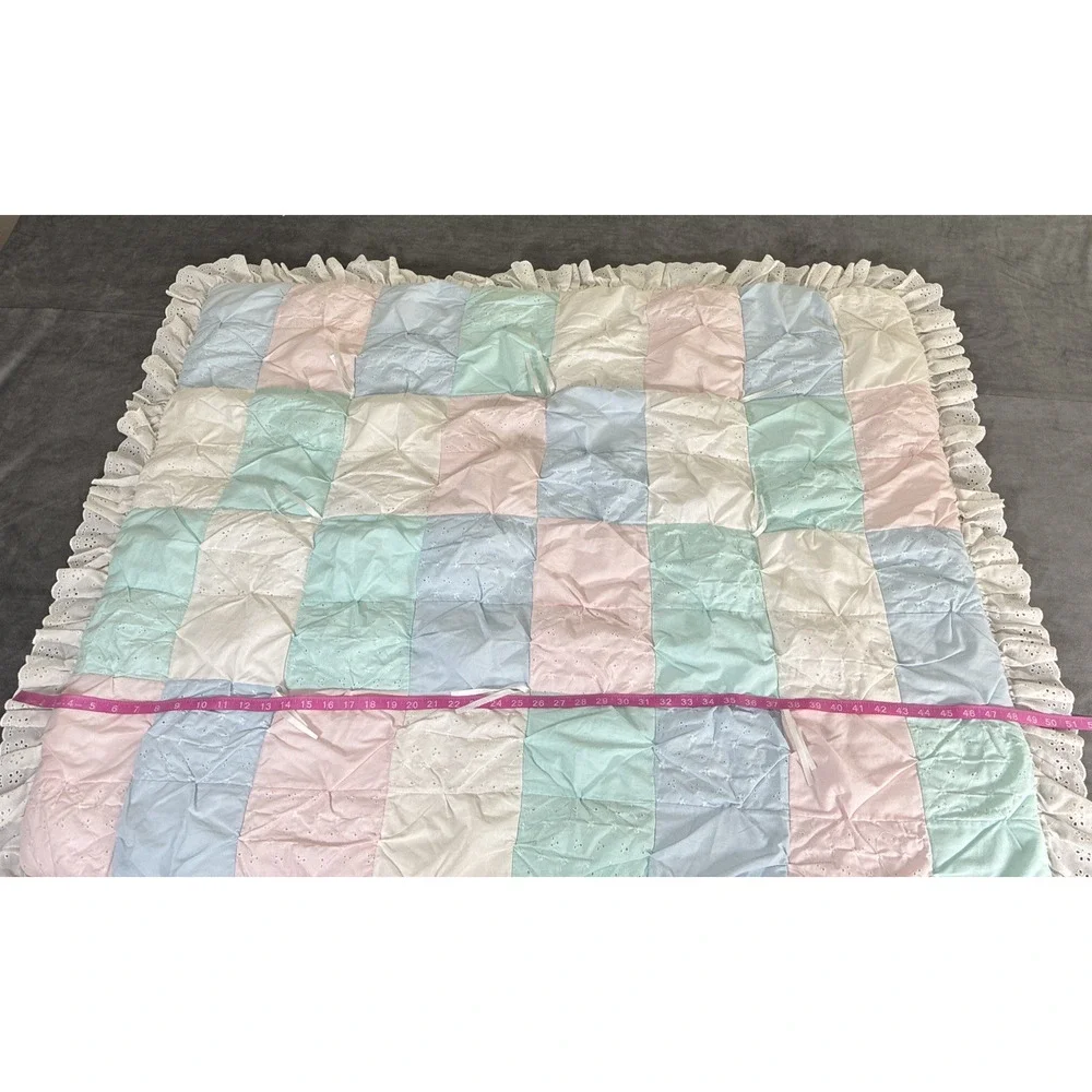 Baby Lap Quilt White Pink Blue Green Infant Patchwork Crib Eyelet Lace 42x51